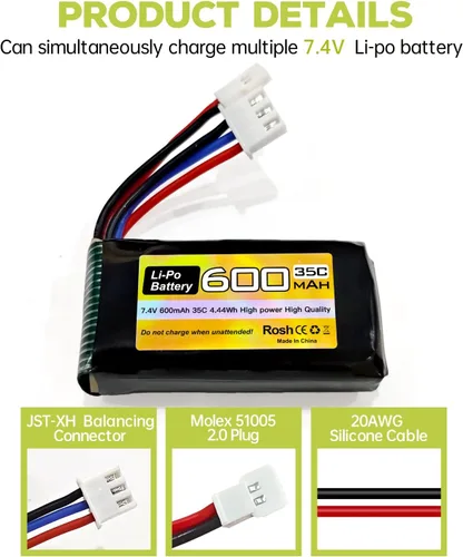 Vista 3 de sea jump Batería Lipo de 2 piezas 7.4V 600mAh 35C 2S con enchufe Molex y cargador 1trailer2 adecuado para FMS FCX24 RC coches, camiones, vehículos