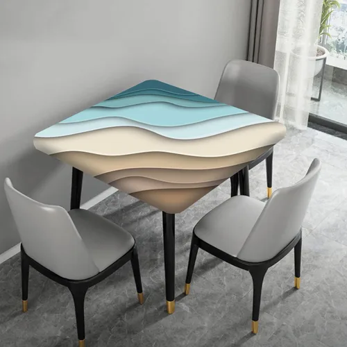 Vista 4 de Mantel cuadrado geométrico, ajustable, color turquesa, verde azulado degradado, con borde elástico, resistente a derrames y manchas, para mantel