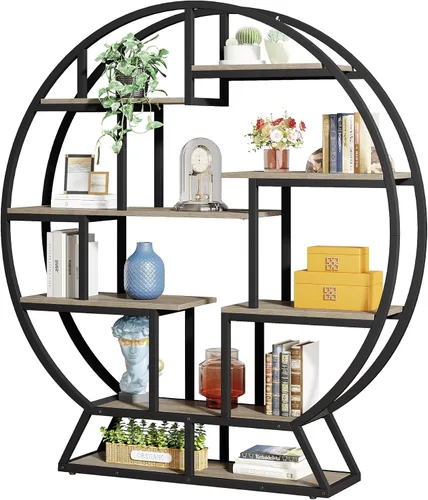 Vista 8 de Tribesigns Estantería redonda Etagere, estantería de madera industrial de 63 pulgadas con estantes escalonados, estante organizador de estantes Gris