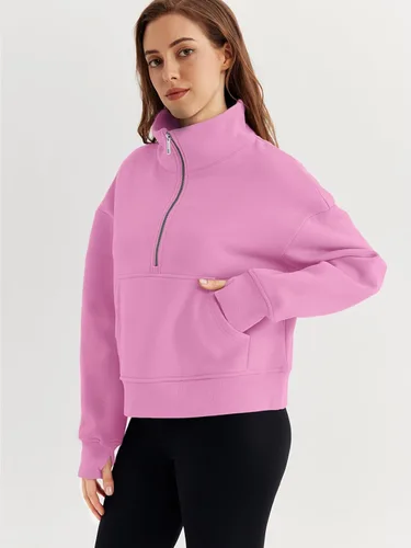 Vista 3 de EFAN Sudaderas de gran tamaño con media cremallera para mujer, sudaderas recortadas de forro polar con cremallera de un cuarto, ropa de moda 2024