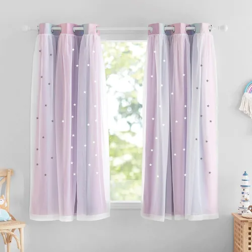 Vista 18 de NICETOWN Cortinas para dormitorio de niñas, cortinas de arco iris, cortinas de estrellas, cortinas de princesa, decoración de habitación