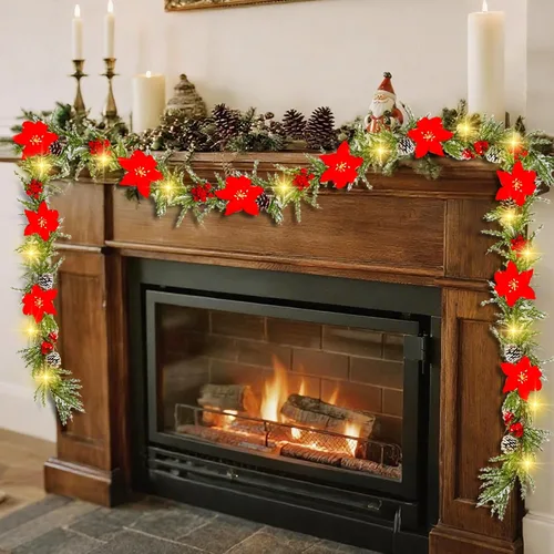Vista 3 de DR.DUDU Guirnalda de Navidad artificial preiluminada de 9 pies con 30 luces LED, alimentada por baterías con conos de pino, bayas rojas, agujas