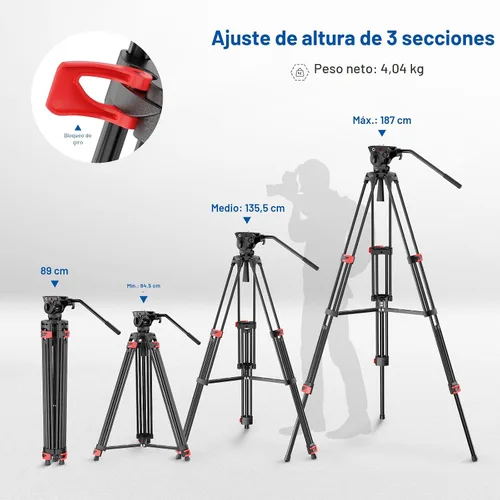 Vista 2 de NEEWER Trípode de Video Básico de 74" con Cabezal Fluido, Trípode de Cámara de Metal con Amortiguación de Fricción Suave, Separador de Nivel Medio