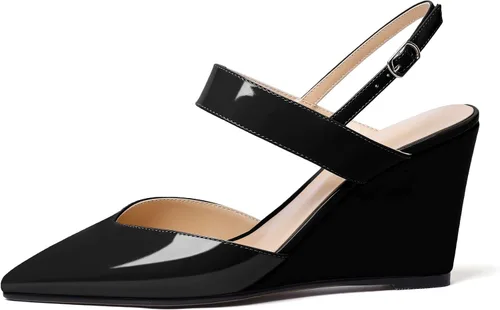 Vista 2 de Soireelady Sandalias de cuña de tacón alto con puntera puntiaguda para mujer, sandalias de cuña con hebilla y diseño recortado, zapatos de cuña
