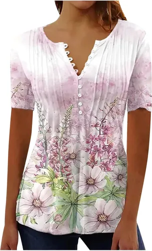 Vista 9 de Ceboyel Camisetas gráficas con estampado floral y mariposa para mujer, linda camisa de verano de manga corta, blusa de vestir casual para mujer