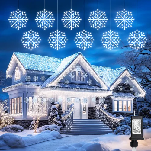Vista 12 de Luces de Navidad Brightown estilo carámbano para exterior - Enchufe de 3.2 m, 5 gotas, 240 LED, luz de ventana con forma de copo de nieve con 8