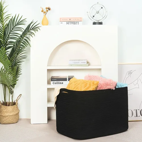Vista 6 de MINTWOOD Design 112L Canasta Extra Grande para Mantas con Soporte para Sala de Estar, 25"x17"x16" Canasta de Almacenamiento de Cuerda Tejida