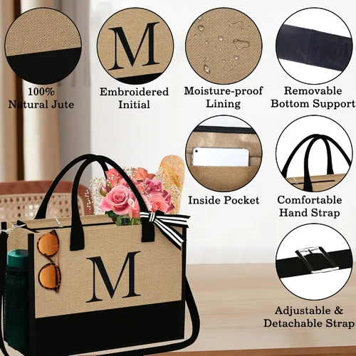 Vista 4 de YOOLIFE Regalos personalizados para mujeres, bolsa de yute con inicial y bolsa de maquillaje, regalos de cumpleaños para mujeres, mamá, esposa