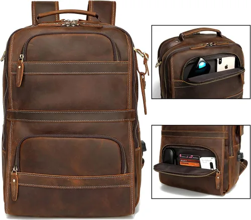 Vista 5 de LANNSYNE Mochila de cuero genuino vintage para hombres 15.6 pulgadas portátil bolsa de noche fin de semana camping mochila, Marrón, Mochilas