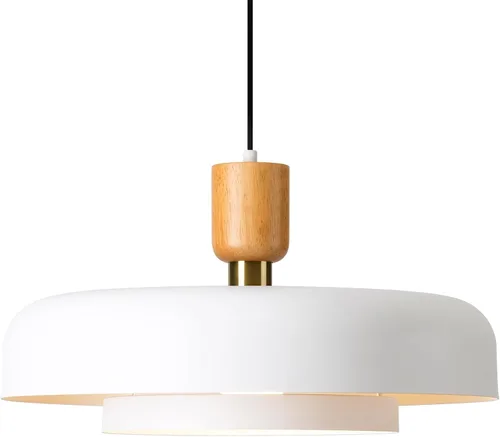 Vista 10 de Lámpara Colgante Grande Moderna de 19.68 Pulgadas, 2 Niveles con Pantallas Crema Suaves, Acento de Madera Natural y Latón, Candelabro de Mediados