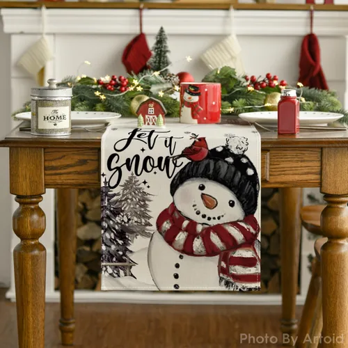 Vista 7 de Artoid Mode Árboles de Navidad Deja que nieve Muñeco de nieve negro Camino de mesa de Navidad, decoración de mesa de comedor para vacaciones