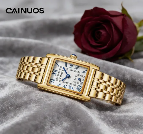 Vista 4 de Reloj de cuarzo rectangular para mujer, pulsera de acero inoxidable, esfera de números romanos, reloj de vestir delgado, resistente al agua 30M