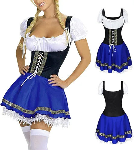 Vista 3 de Disfraz tradicional de Oktoberfest para mujer disfraz de carnaval talla grande Casual XXL Azul Patchwork