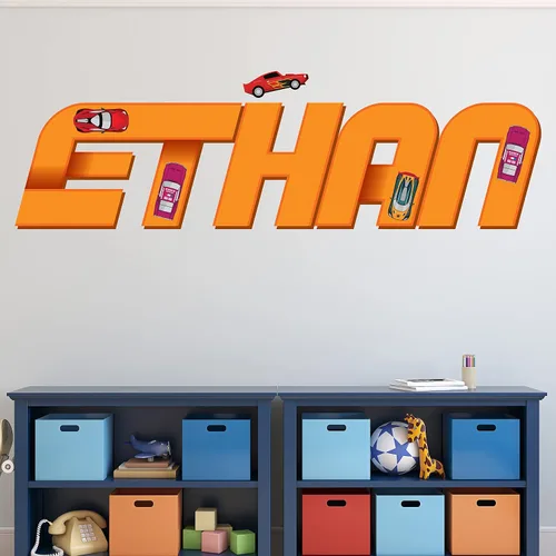 Vista 7 de Decoración de habitación de coches, calcomanía de pared con nombre de bandera de carreras, arte de pared personalizado para niños, bebés y niños