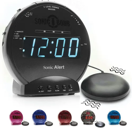 Vista 10 de Sonic Bomb - Reloj despertador doble extra fuerte con vibrador de cama, negro Sonic Alert vibrante, para personas de sueño pesado, batería