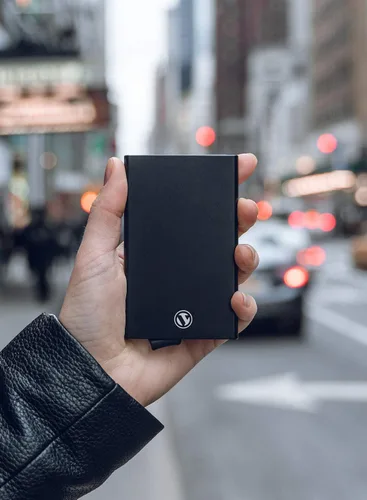 Vista 10 de VULKIT Cartera desplegable, soporte minimalista para tarjetas de crédito, bloqueo RFID, funda de metal delgada para hombres