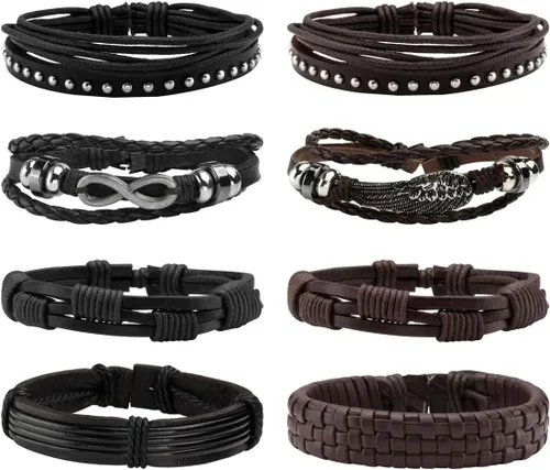 Vista 8 de Eigso 6-10 pulseras de cuero trenzado para hombres y mujeres, pulseras ajustables