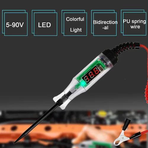 Vista 3 de Luces de prueba automotrices, probador de circuito LED digital de 5-90 V CC, probador de luz resistente con voltímetro, probador de voltaje
