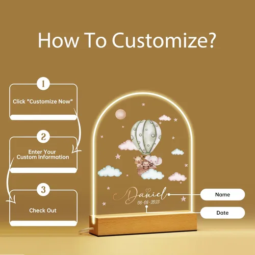 Vista 2 de Regalos personalizados para bebés, luz nocturna personalizada para niños, lámpara LED con nombre personalizado con fecha, bonita luz nocturna