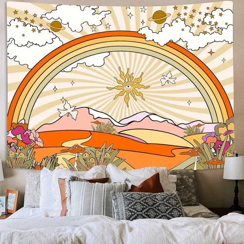 Vista 2 de TPMDFC Tapiz retro de los años 70 y 60, tapiz vintage de flores, nubes, sol y arco iris, tapiz para colgar en la pared, tapiz estético bohemio