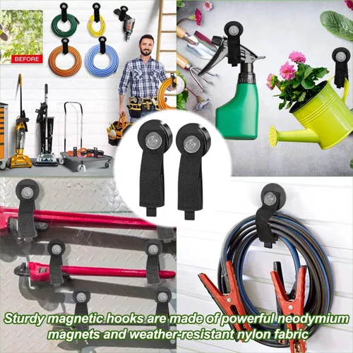 Vista 5 de JEEJINYAN® 2 ganchos magnéticos resistentes, ganchos magnéticos para garaje, soporte magnético para herramientas, correa de cable de organización