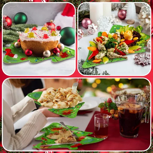 Vista 5 de 100 platos de papel de postre de Navidad de 11 x 7.9 pulgadas, platos de postre desechables en forma de árbol de Navidad, plato de cena de papel