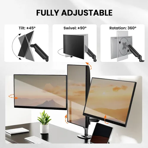 Vista 4 de ErGear Soporte de monitor triple para pantallas de 13 a 27 pulgadas, monitores triples de aluminio de alta calidad que soportan hasta 17.6 libras