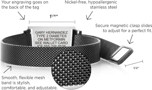 Vista 2 de Pulseras de alerta médica para hombres, cómoda banda de malla de acero inoxidable negra, placa de identificación grabada a medida de mantarraya