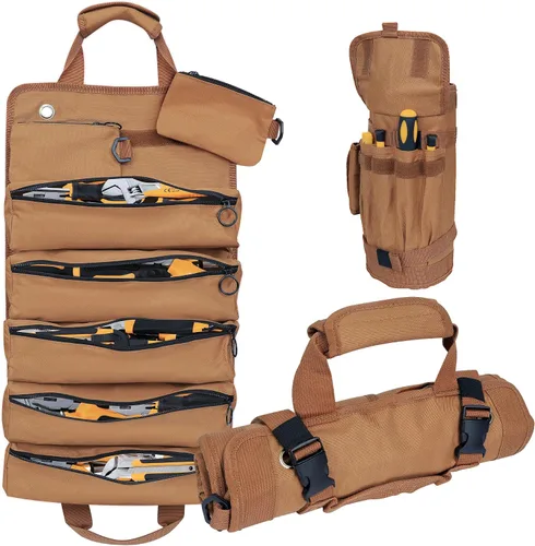 Vista 11 de Bolsa plegable portátil para herramientas, bolsa organizadora de herramientas resistente con 5 compartimentos y 2 bolsas desmontables para Verde