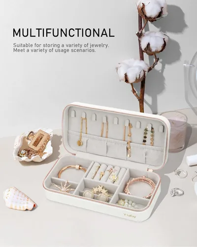 Vista 7 de Joyero pequeño joyero, caja de joyería portátil de piel sintética, gran capacidad para anillos, aretes, collares, pulseras, relojes, blanco, C