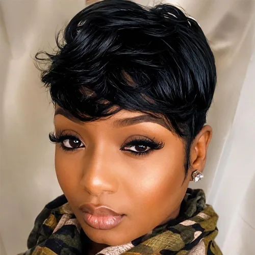 Vista 13 de MOONSHOW - Pelucas cortas de corte Pixie para mujeres negras, peluca de corte Pixie marrón Short Pixie Wigs for Black Women Natural Layered Short