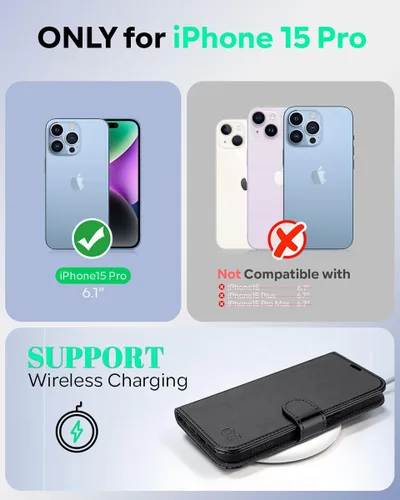 Vista 2 de OCASE Funda tipo cartera compatible con iPhone 15 Pro, de piel sintética, con tarjetero, bloqueo RFID, soporte para teléfono