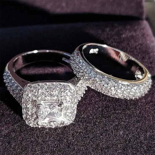 Vista 6 de Juego de 2 piezas de diamantes cuadrados de princesa para parejas, anillos de moda, joyería de compromiso de boda para mujer
