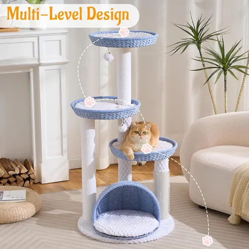Vista 2 de HITTITE Moderna torre de árbol para gatos con poste rascador, torres para gatos de 46 pulgadas de alto con nidos y cueva tejidos, árbol para gatos