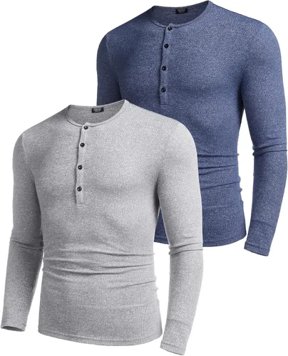 Vista 4 de COOFANDY Paquete de 2 camisetas básicas de algodón para hombre, de manga larga, ligeras, casuales, de algodón