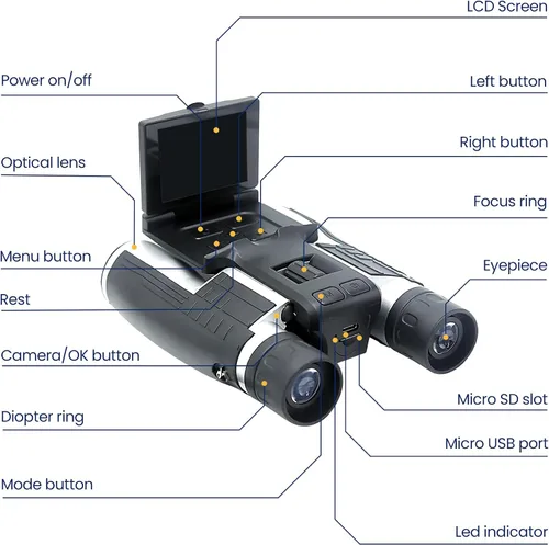Vista 7 de thunderb Binoculares digitales con cámara y grabación de video de 12 x 32 pulgadas, videocámara para cámaras de observación de aves, binoculares