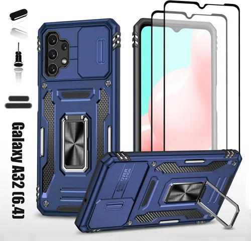 Vista 10 de Funda resistente para Samsung Galaxy A32 (4G), protector híbrido de goma de doble capa de grado militar con protector de cámara deslizante, soporte