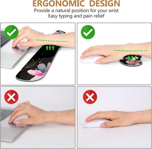 Vista 3 de DINKY Alfombrilla de escritorio con diseño de flor negra, alfombrilla grande para mouse con reposamuñecas, 4 en 1 XXL, reposamuñecas para teclado