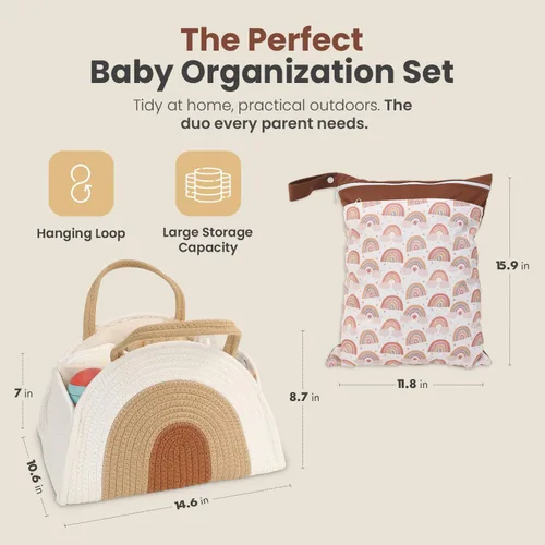 Vista 2 de Organizador de pañales + bolsa para artículos húmedos, cesta de pañales de cuerda de algodón, bolsas organizadoras de bolsas de pañales, regalo
