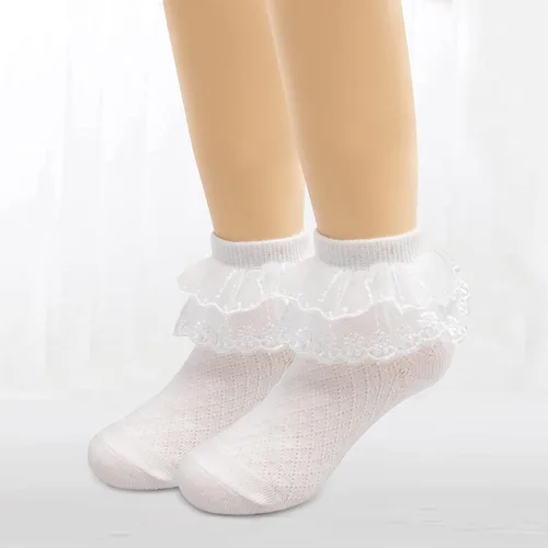 Vista 8 de Looching 5 pares de calcetines de encaje con volantes para niñas pequeñas con ojales de algodón blanco con volantes calcetines de princesa