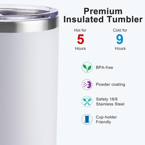 Vista 3 de koodee Vaso térmico con popote de 12 oz delgado de acero inoxidable de doble pared al vacío para mujer, sin sudor (blanco)