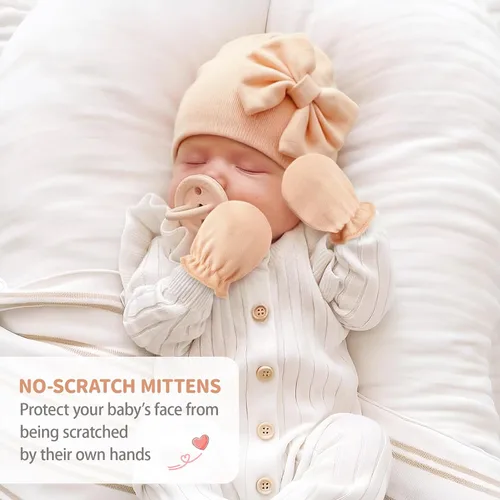 Vista 3 de BQUBO Gorros para Niñas Recién Nacidas Conjunto de Gorro y Manoplas para Bebé Gorros para Infantes con Moño Gorro de Hospital con Manoplas