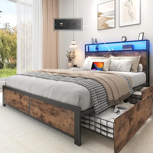 Vista 8 de Lifezone Base de cama Queen con cabecera de almacenamiento de 2 niveles, base de cama de plataforma de metal con 4 cajones de almacenamiento, gris