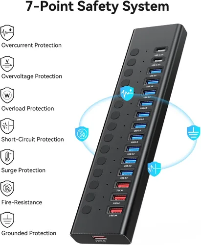 Vista 9 de Hub USB 3.0 alimentado, Splitter de Hub USB de 16 puertos (10 USB-A 3.0+2 QC 24W de carga rápida+2 de carga inteligente+2 puertos USB-C 3.0)