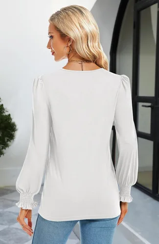 Vista 5 de Funlingo Camisetas casuales de encaje con cuello en V para mujer, blusas holgadas de manga larga abombada