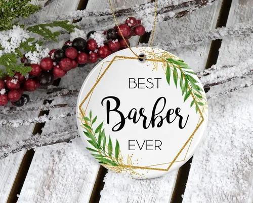 Vista 2 de Adorno de Navidad de peluquero – Regalo de Navidad para peluquero – El mejor barbero del mundo – Mejor barbero – Regalos de barbero impresos en un