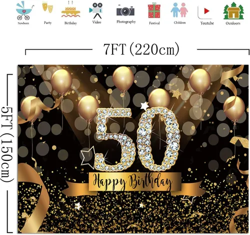 Vista 5 de Sensfun Fondo de fotografía para fiesta de cumpleaños número 50 de 7 x 5 pies, con purpurina, globos negros y dorados para mujer, fabulosa