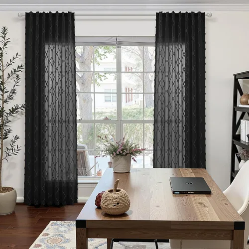 Vista 6 de Cortinas transparentes negras Hokibero de 96 pulgadas de largo, juego de 2 paneles con pestaña trasera, filtro de luz, cortinas