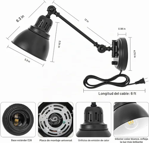 Vista 6 de GOODATE Apliques de pared enchufables, iluminación de pared con interruptor de encendido y apagado regulable, lámpara de pared con brazo oscilante