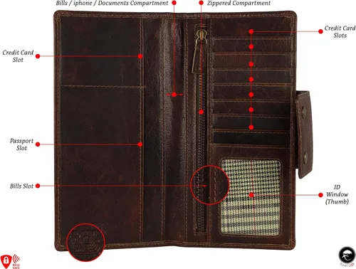 Vista 3 de Mou Meraki Cartera larga con bloqueo RFID de cuero genuino - Vintage Bifold para hombres, Rojo Marrón, Cartera larga